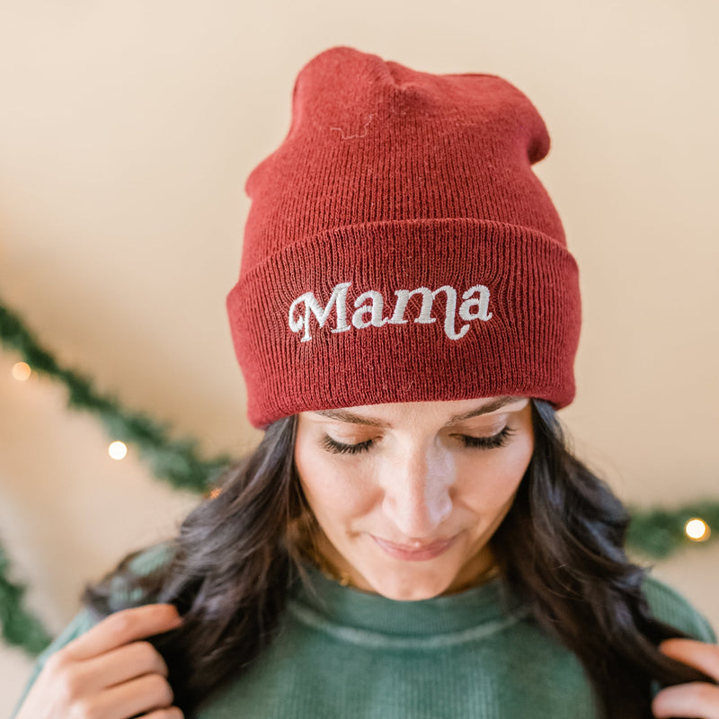 ADULT BEANIE - Mama Italic - MAROON w/ White