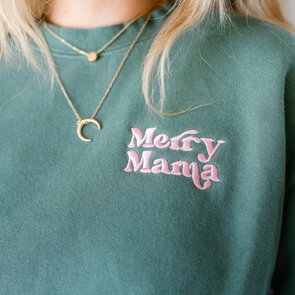 Embroidered PIGMENT Crewneck - Merry Mama (Light Pink Thread)