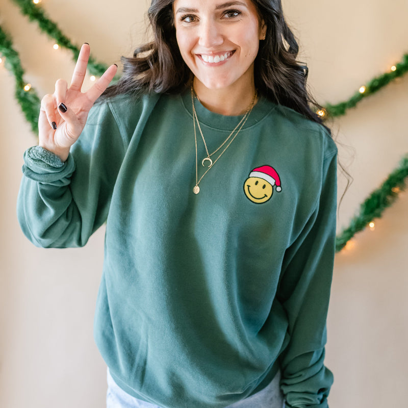 Embroidered PIGMENT Crewneck - Santa Hat Smiley