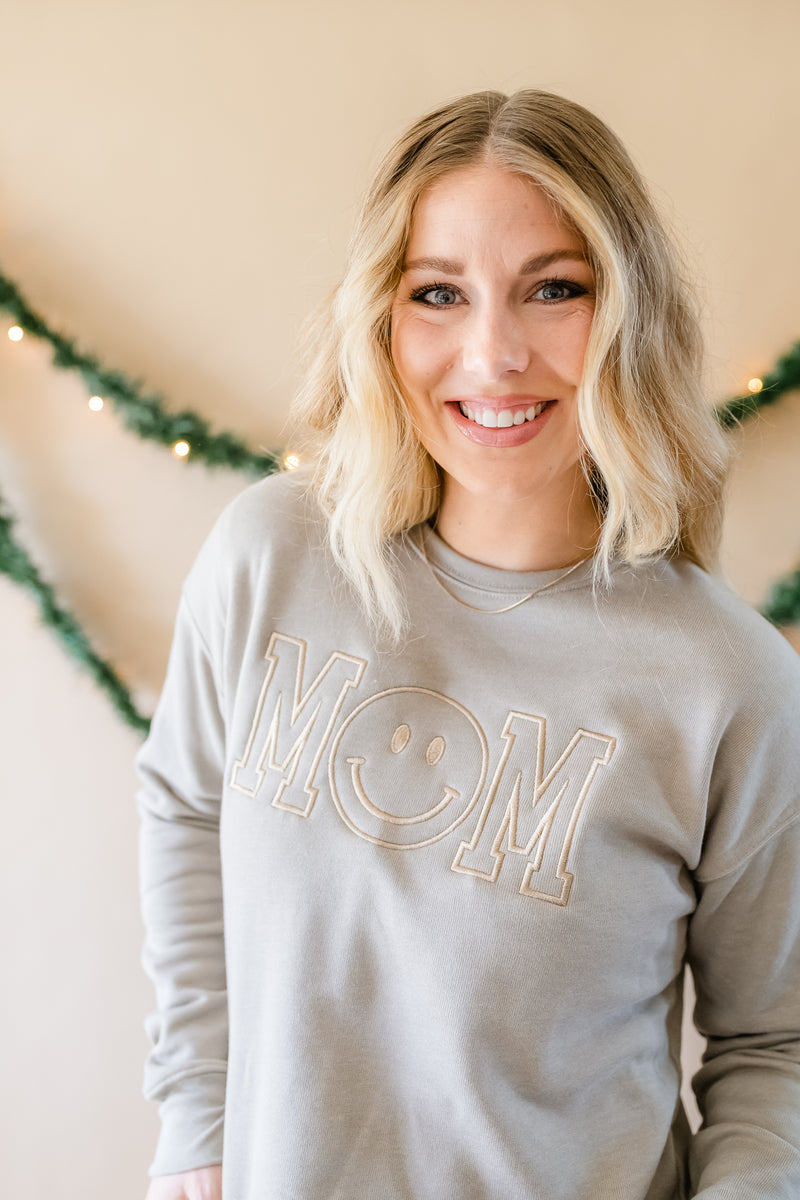 MOM - (Smile O) - Stone - Embroidered Fleece Sweatshirt