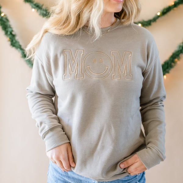 MOM - (Smile O) - Stone - Embroidered Fleece Sweatshirt