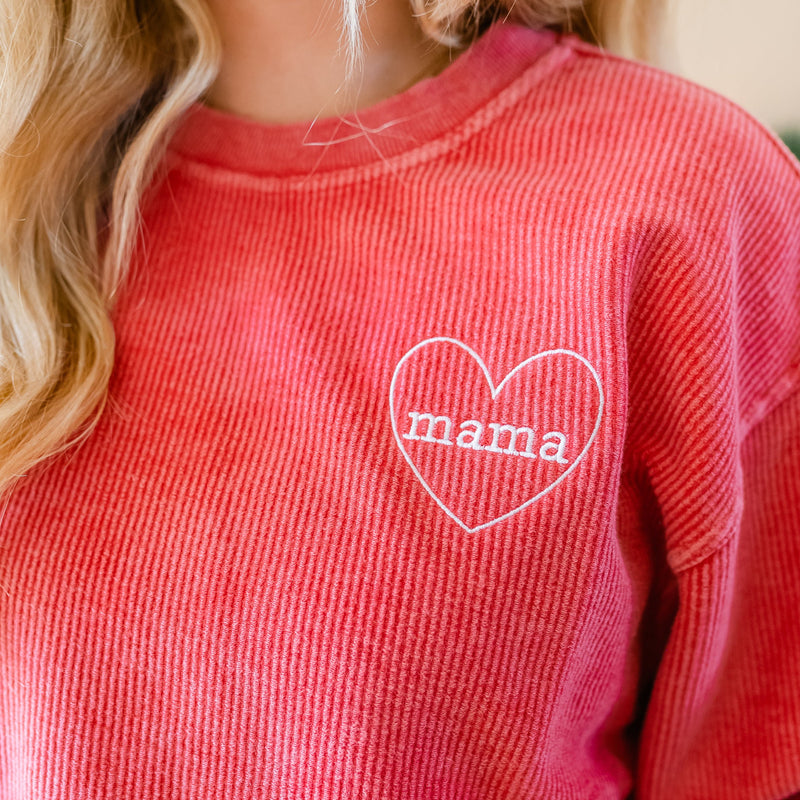 Embroidered Red Corded Sweatshirt - Mama (Heart Around)