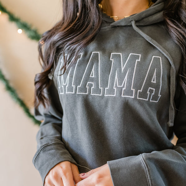 MAMA Hoodie - Outline - Black Pigment w/ Gray - Embroidered Hoodie