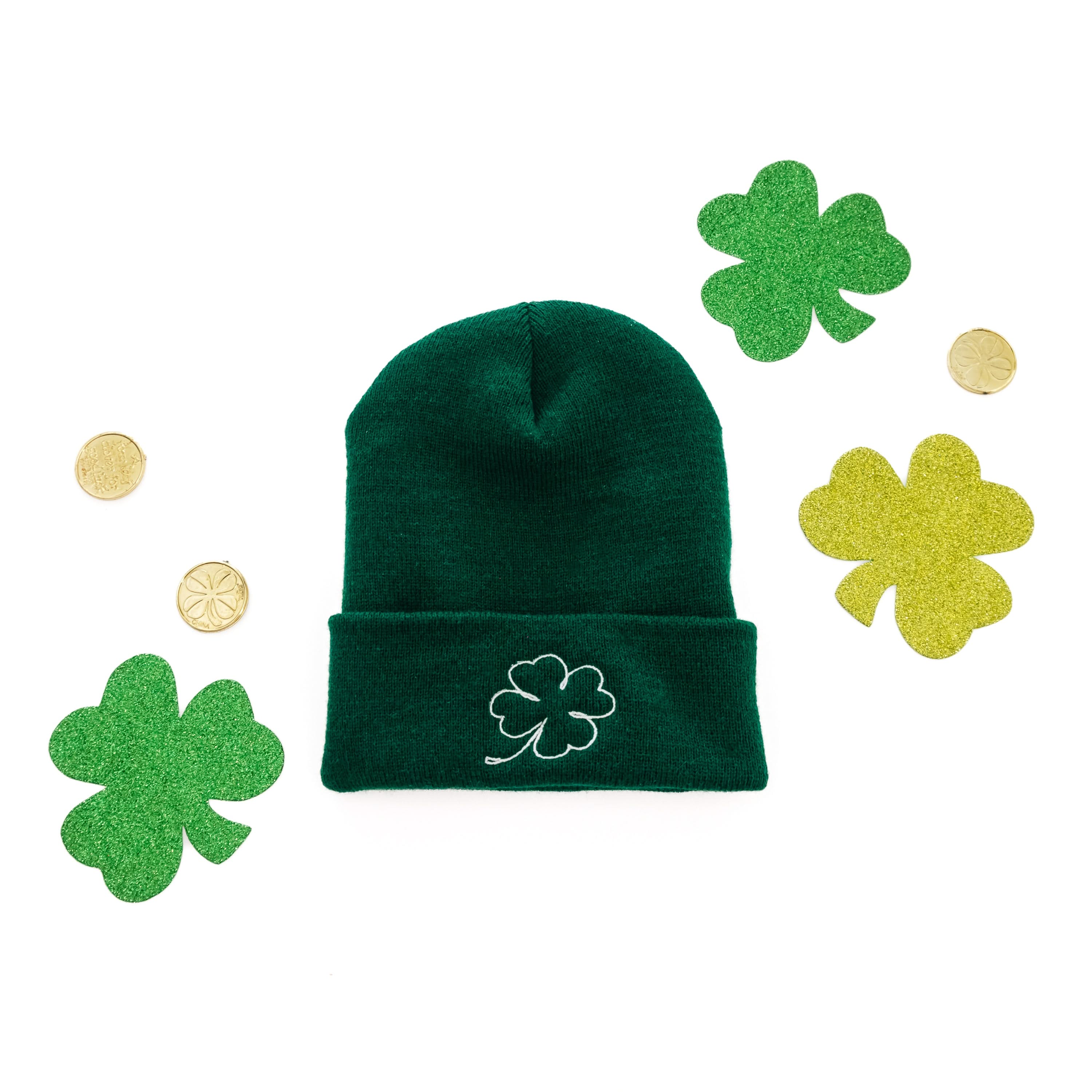 Adult Beanie - Shamrock Outline - Dark Green w/ White Little Mama Shirt Shop LLC