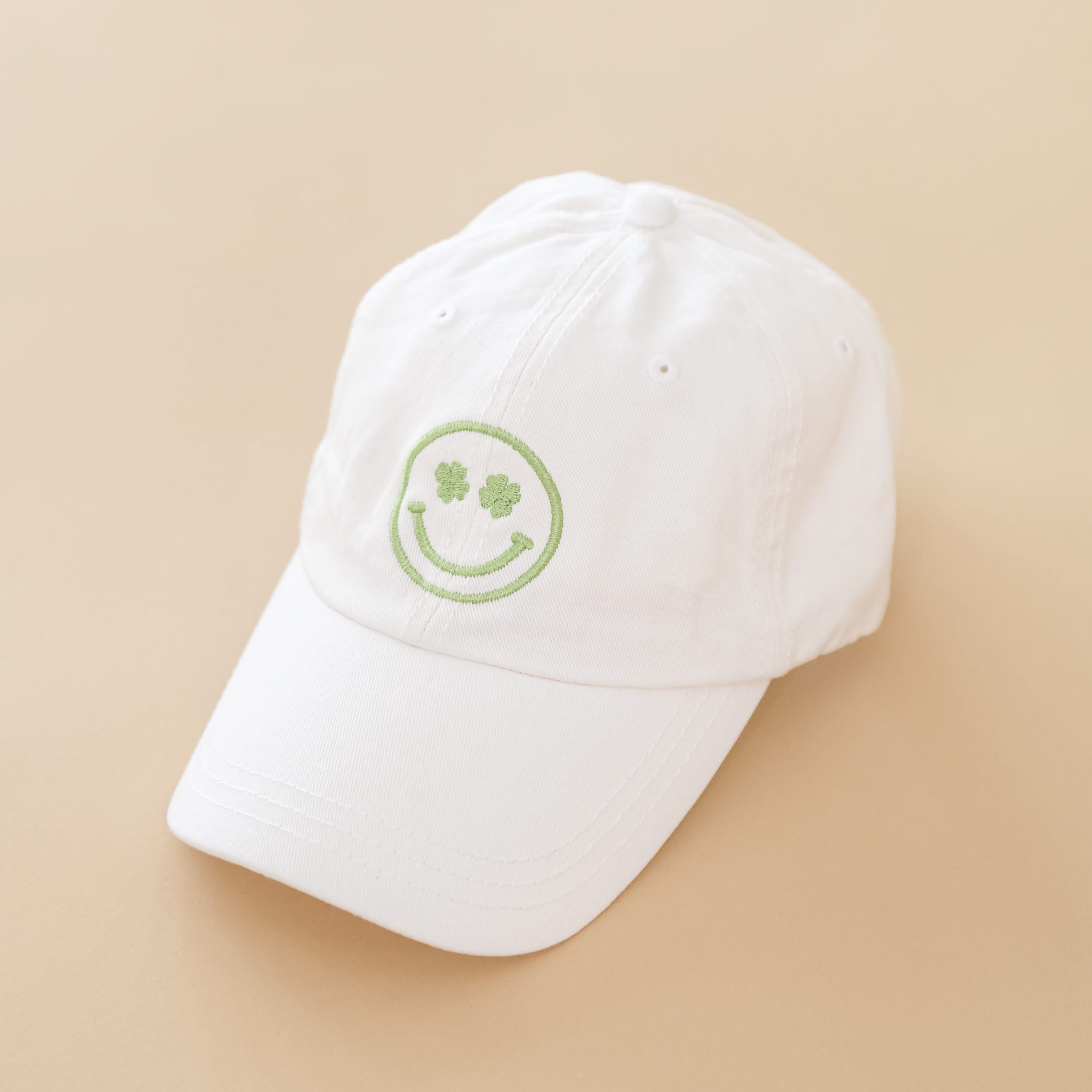 Adult Size - White w/ Lime Green - Shamrock Eyes Smiley - Baseball Cap Little Mama Shirt Shop