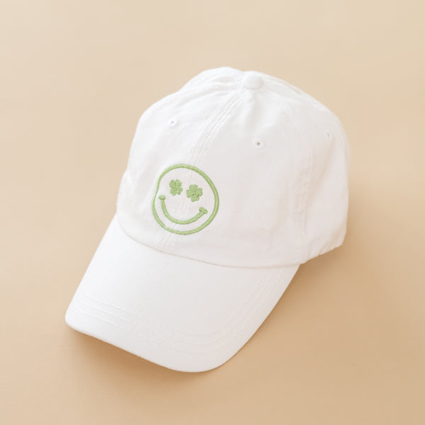 Adult Size - White w/ Lime Green - Shamrock Eyes Smiley - Baseball Cap