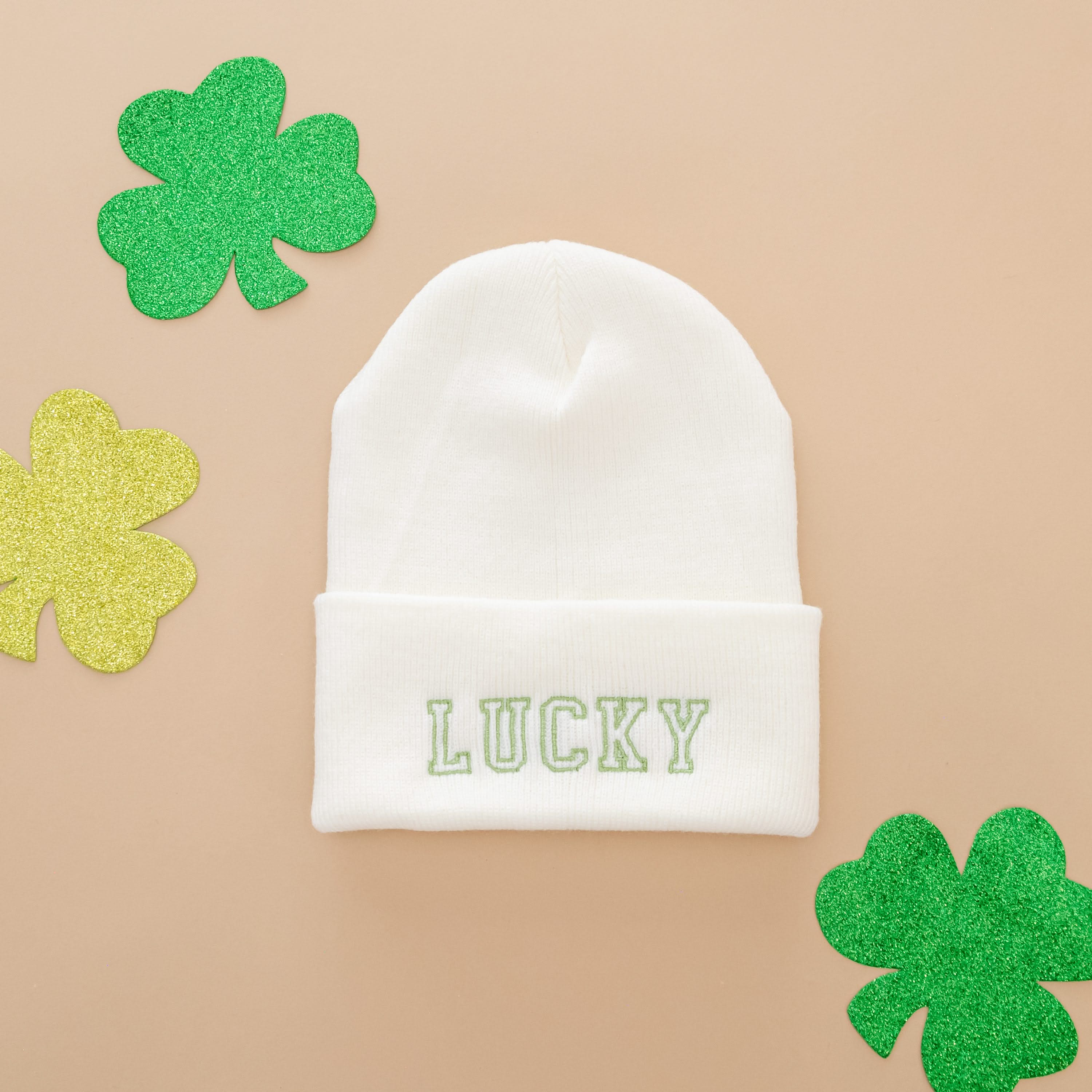 Adult Beanie - LUCKY - Cream w/ Green Little Mama Shirt Shop LLC