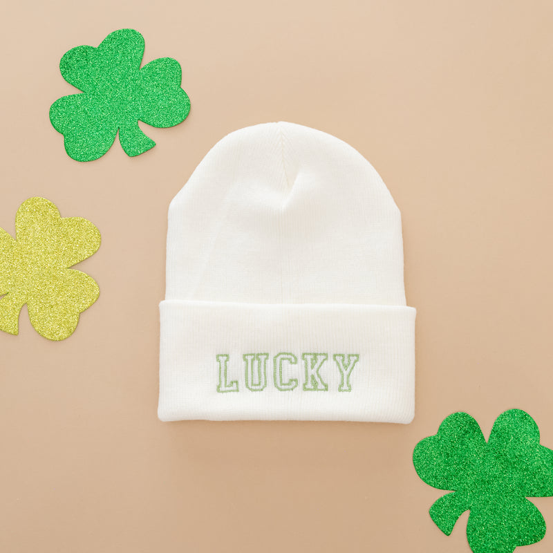 Adult Beanie - LUCKY - Cream w/ Green