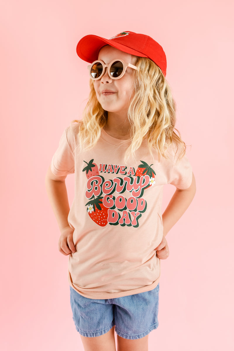 Child Size Baseball Cap - Red w/ Strawberry Patch