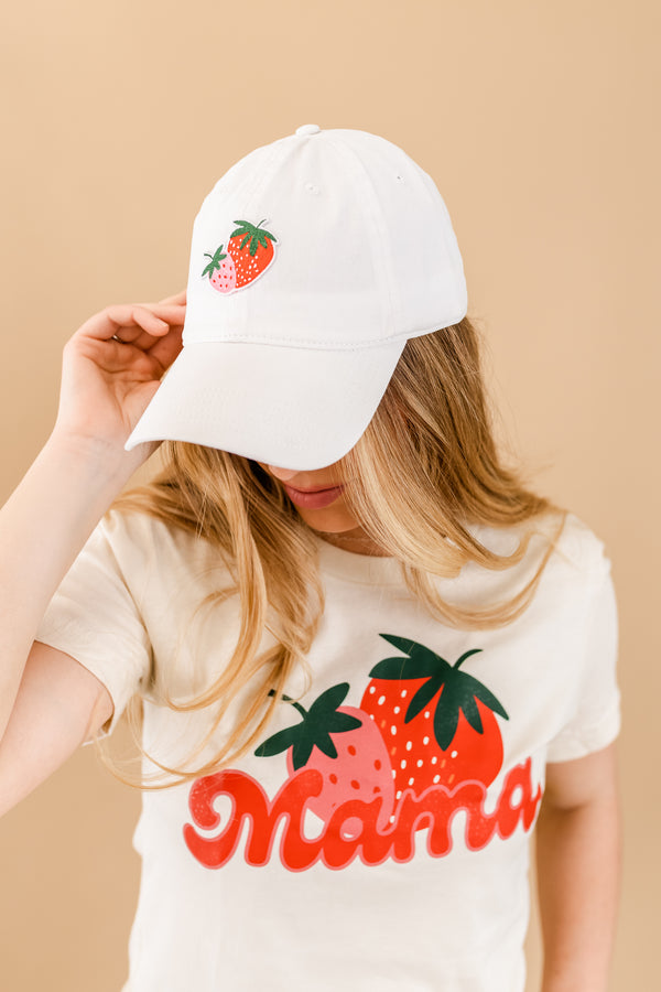 Adult Size - White Baseball Cap w/ Strawberry Patch
