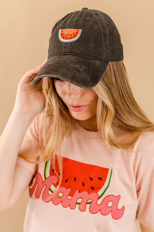 Adult Size - Heather Black Baseball Cap w/ Watermelon Patch