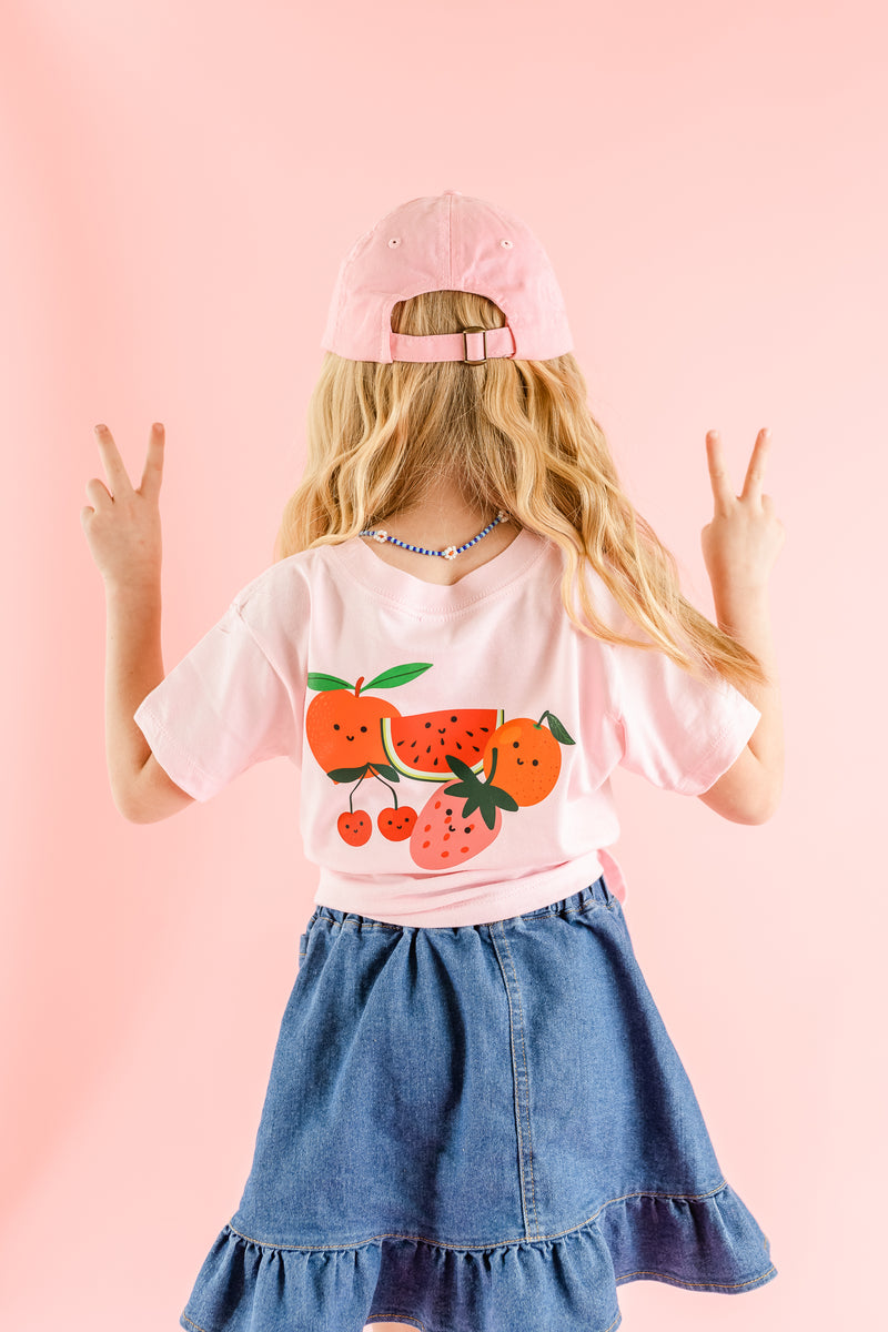 Pocket Fruit (Front) w/ Group of Smiley Fruit (Back) - Short Sleeve Child Tee