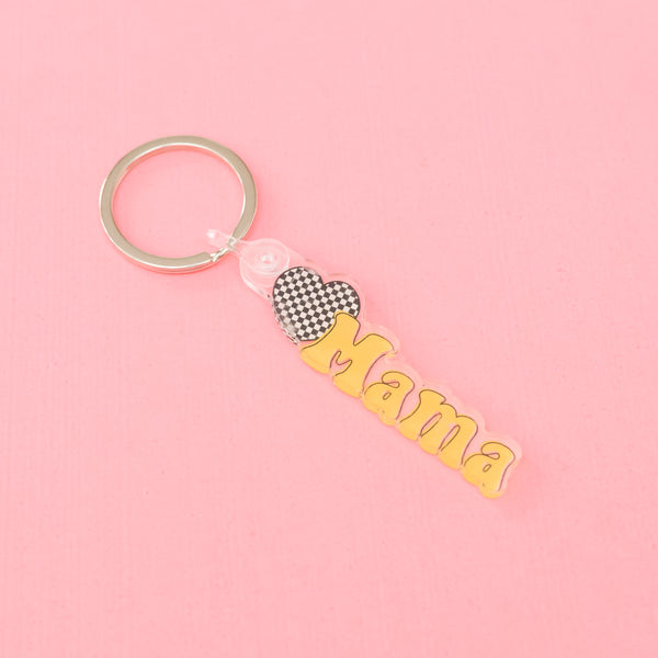 LMSS® KEYCHAIN - MAMA - (Yellow Groovy w/ Checkered Heart)