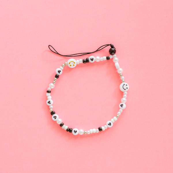 LMSS® WRISTLET / PHONE CHARM - Black and White Smileys and Hearts