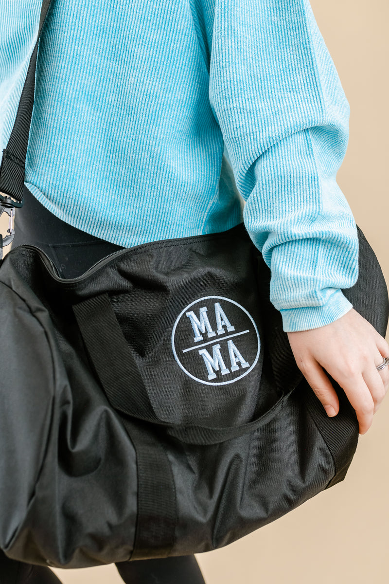 MAMA DUFFEL BAG - BLACK W/ BABY BLUE