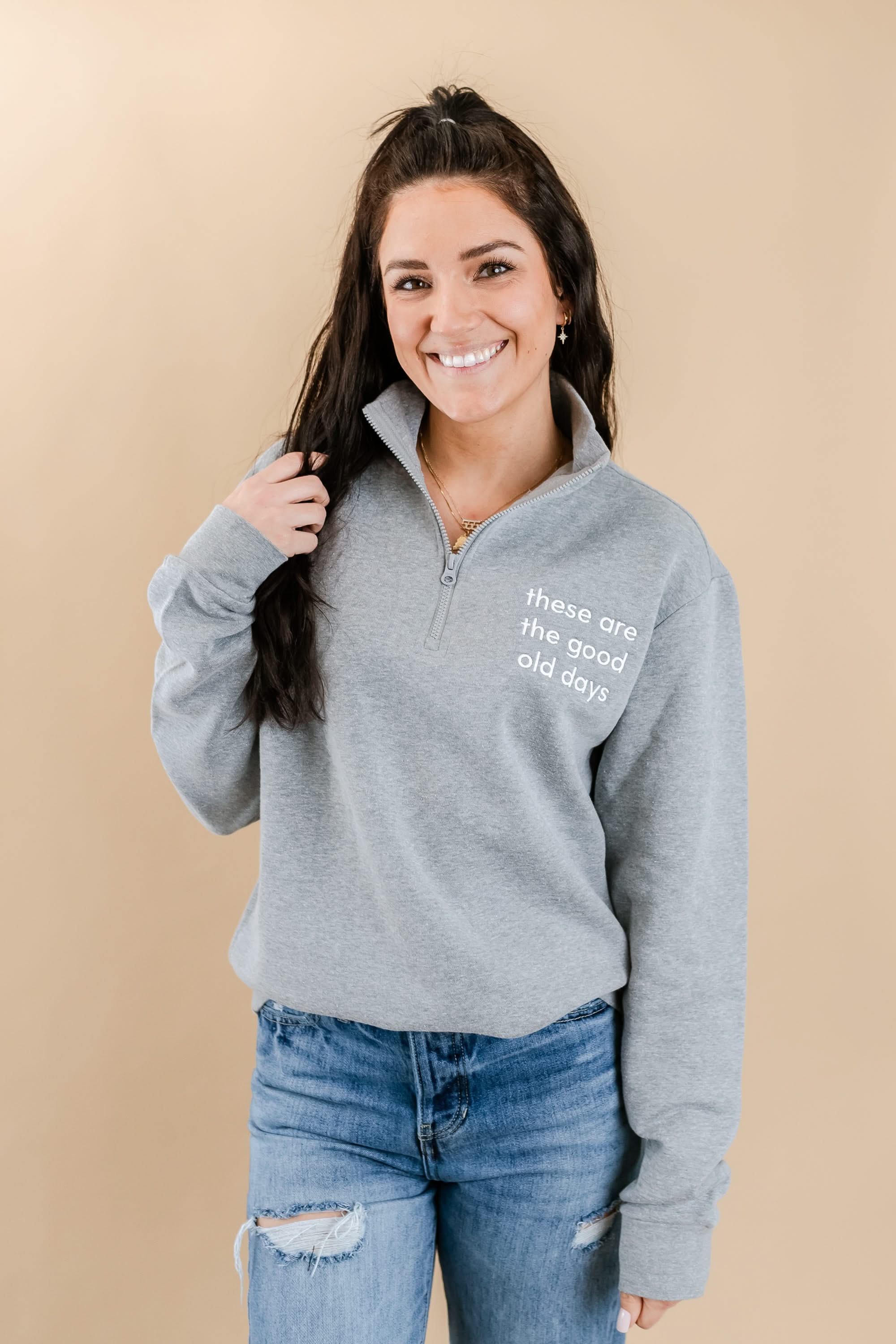 Embroidered Gray Fleece Quarter Zip - These Are The Good Old Days