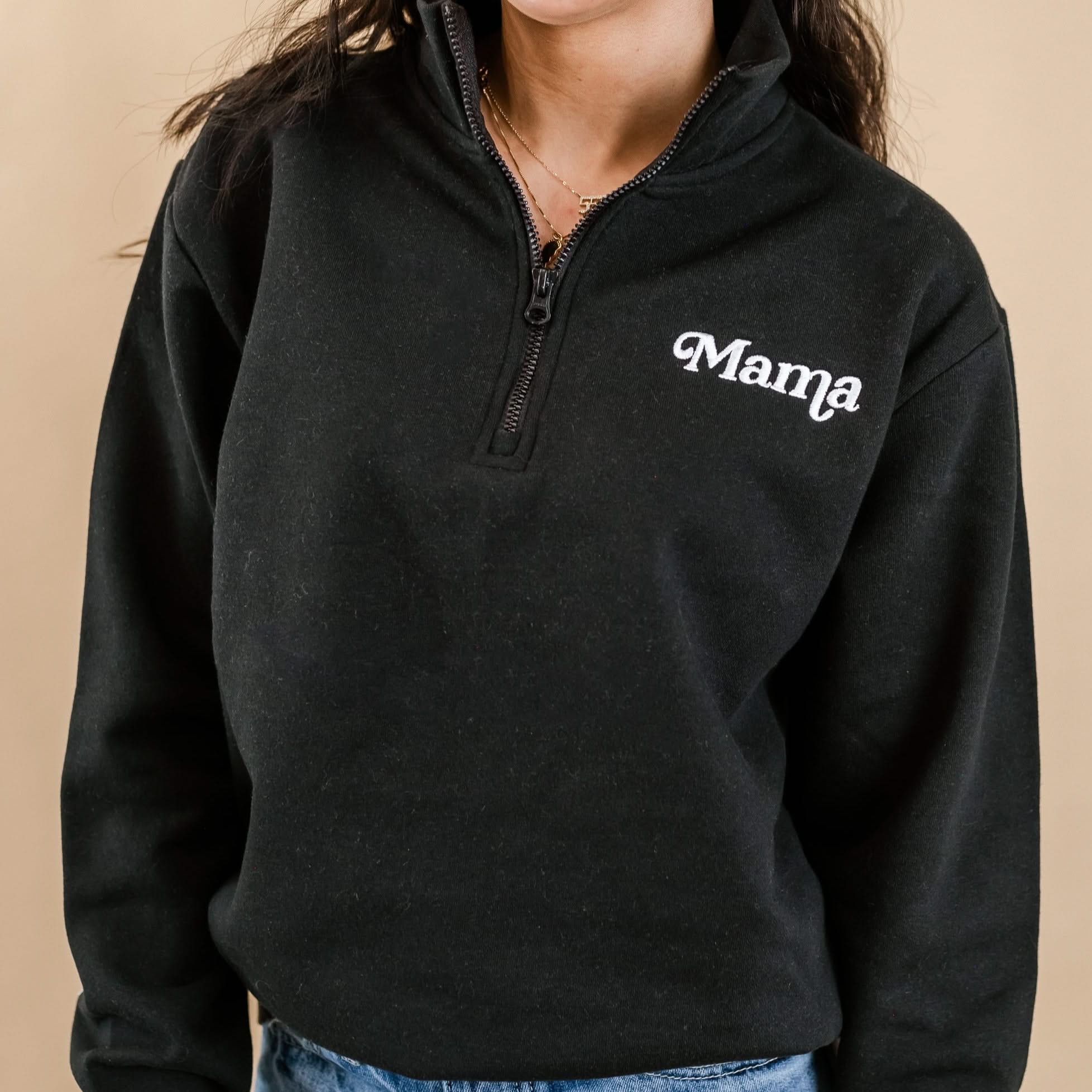 Embroidered Quarter Zip Fleece - Black w/ White Thread - Mama (Italic)