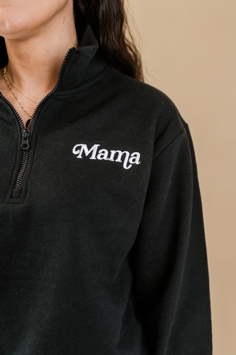 Mama - (Italic) - Black w/ White Quarter Zip Fleece - Embroidered