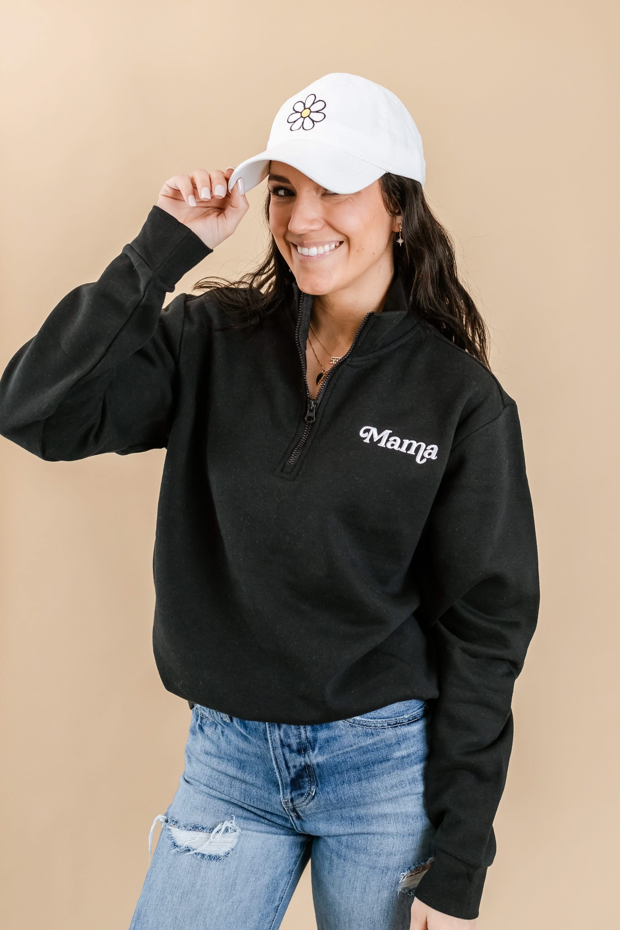 Embroidered Quarter Zip Fleece - Black w/ White Thread - Mama (Italic)
