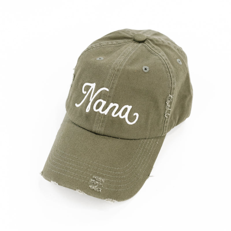 Nana (Script) - DISTRESSED - Olive w/ White Thread - Baseball Cap