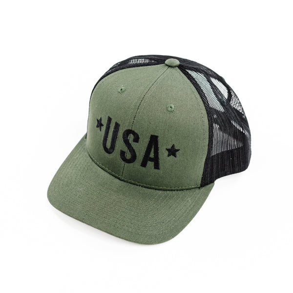 USA (Block Font - Two Stars) - Snapback Hat w/ Black Thread
