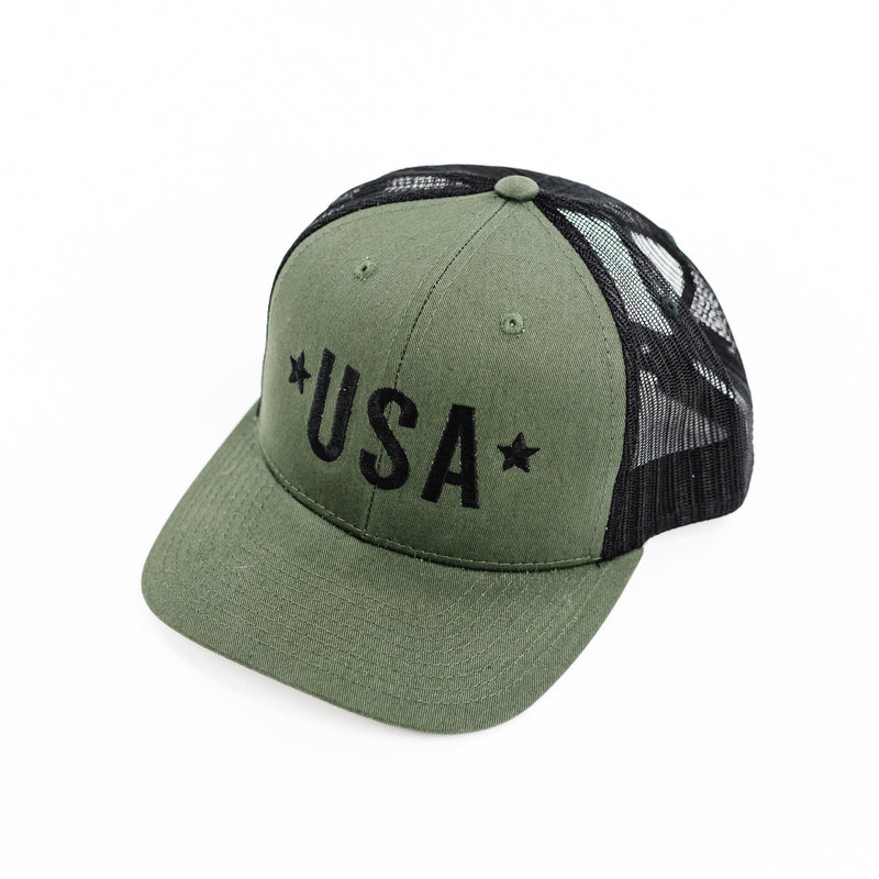 USA (Block Font - Two Stars) - Snapback Hat w/ Black Thread