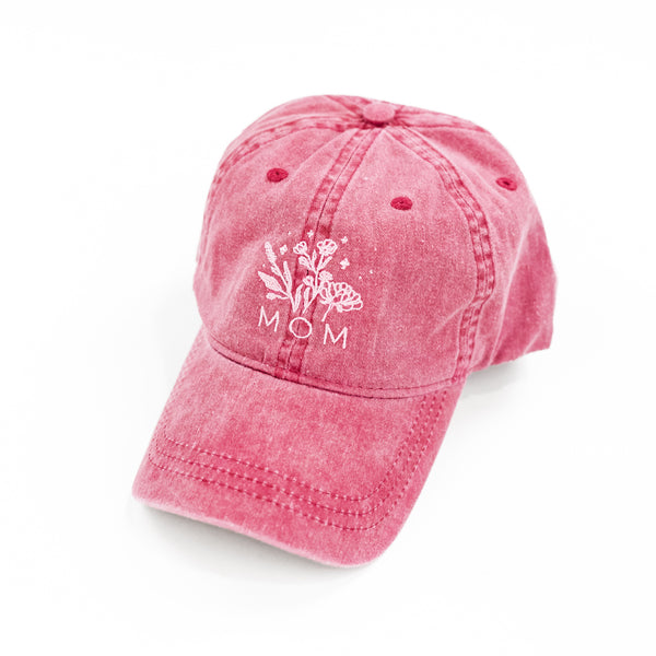 Mom - Bouquet - Maroon w/ Light Pink Thread - Baseball Cap