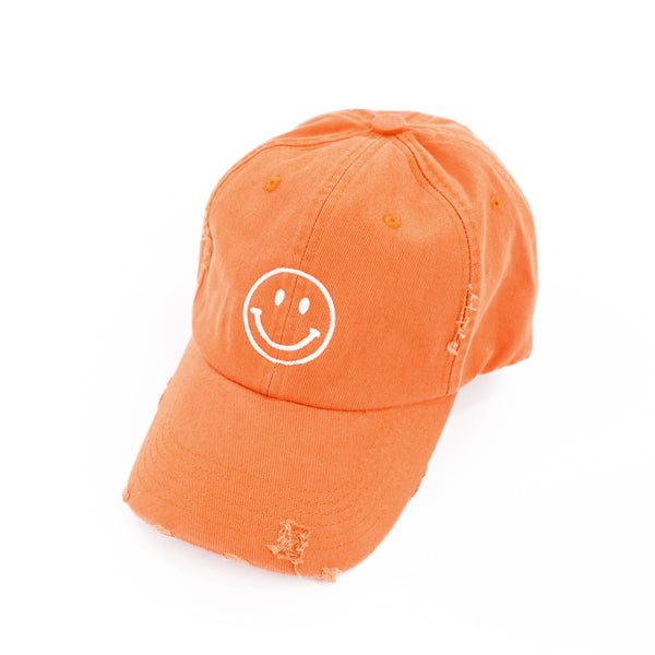 Smiley Face - DISTRESSED - Burnt Orange w/ White Thread - Baseball Cap