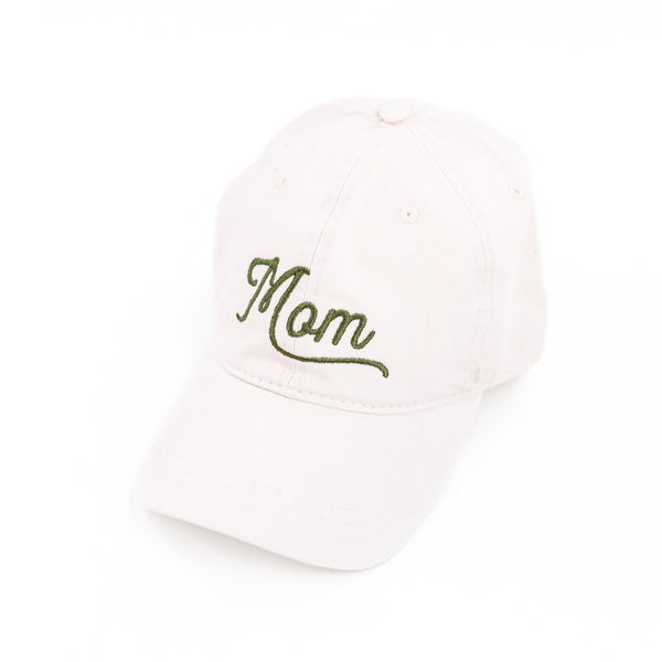 Mom (Script) - Pale Pink w/ Olive Thread - Baseball Cap