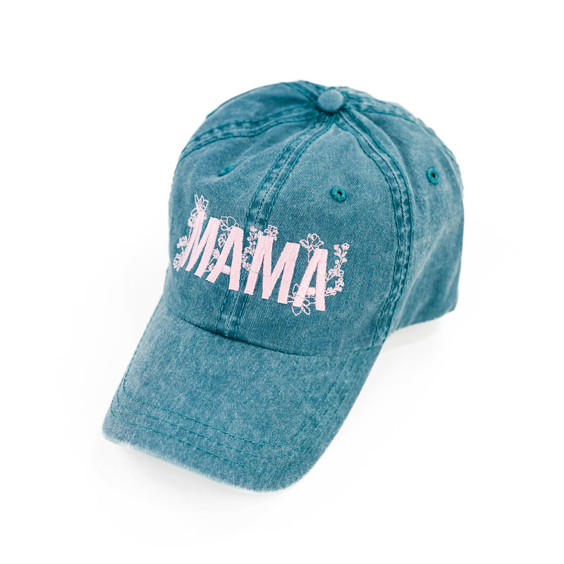 Mama Florals - Teal w/ Light Pink Thread - Baseball Cap