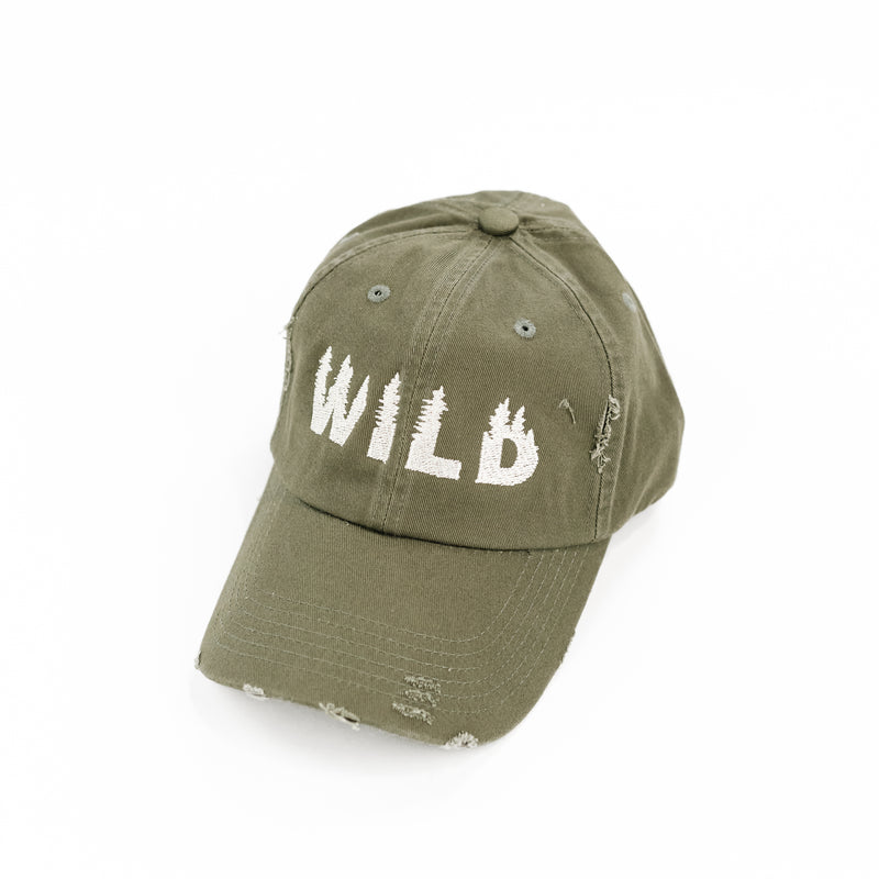 WILD - DISTRESSED - Olive w/ White Thread - Adult Baseball Cap