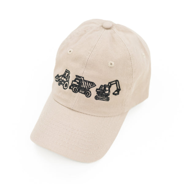 Child Size - 3 In A Row Construction Trucks - TAN Curved Brim Hat