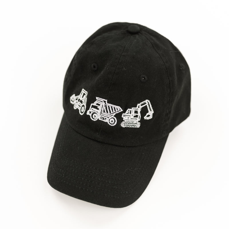 Child Size - 3 In A Row Construction Trucks - BLACK Curved Brim Hat
