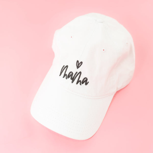 Mama ♥ (above) - White Baseball Cap w/ Black Embroidery