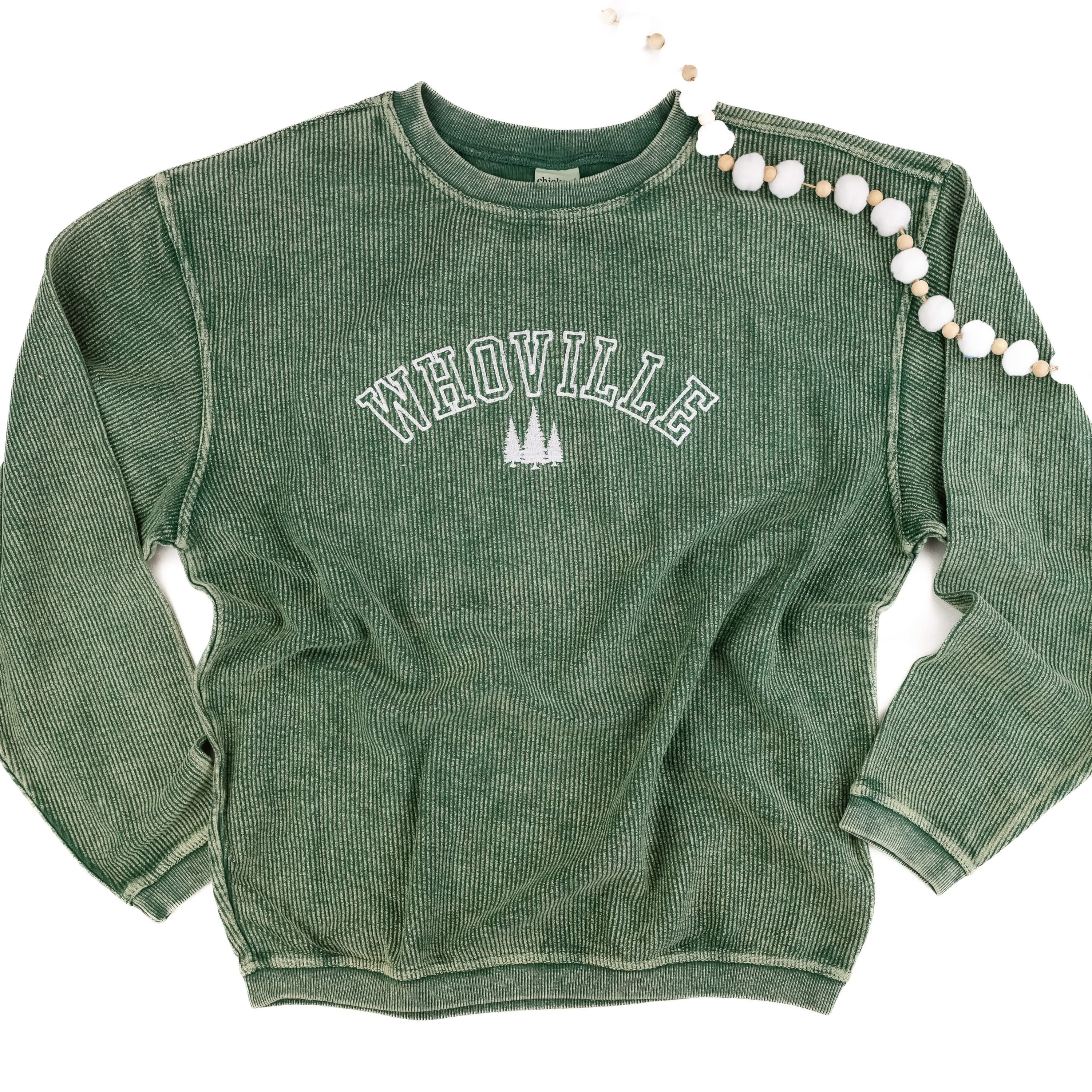 Whoville - Forest Green - Embroidered Corded Sweatshirt
