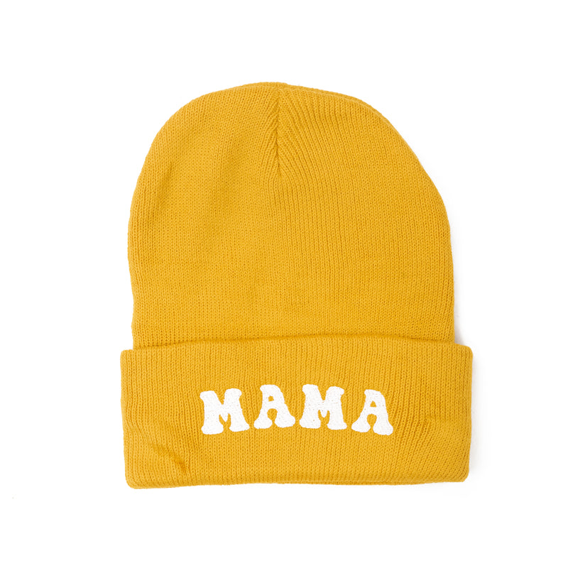 Adult Beanie - MAMA (Groovy) - Mustard w/ White