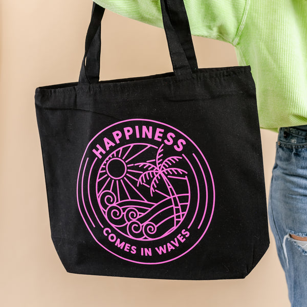 Happiness Comes in Waves (Hot Pink) - Black Zipper Tote