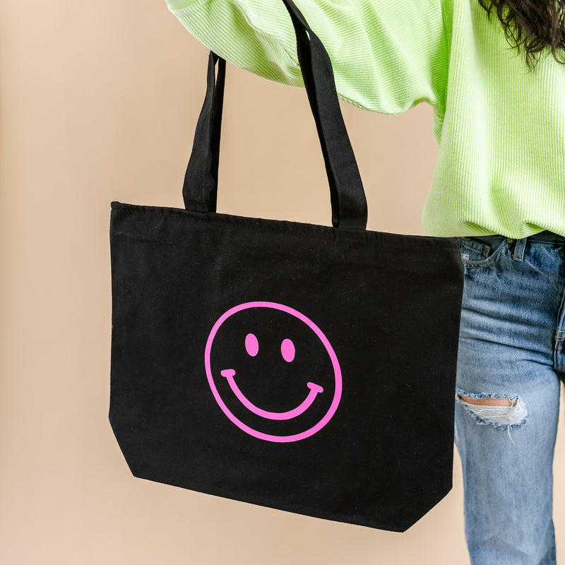 Neon Smiley Face - Black Zipper Tote