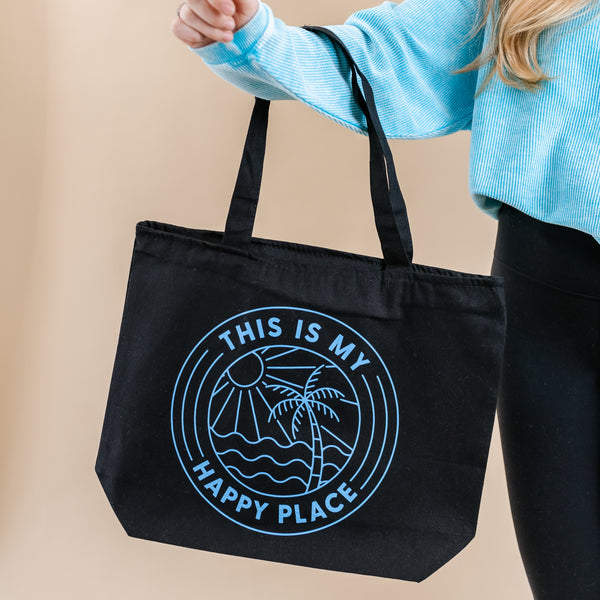 This Is My Happy Place (Bright Blue) - Black Zipper Tote