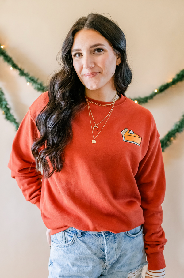 Easy As Pie - Embroidered Soft Fleece Sweatshirt (Rust)