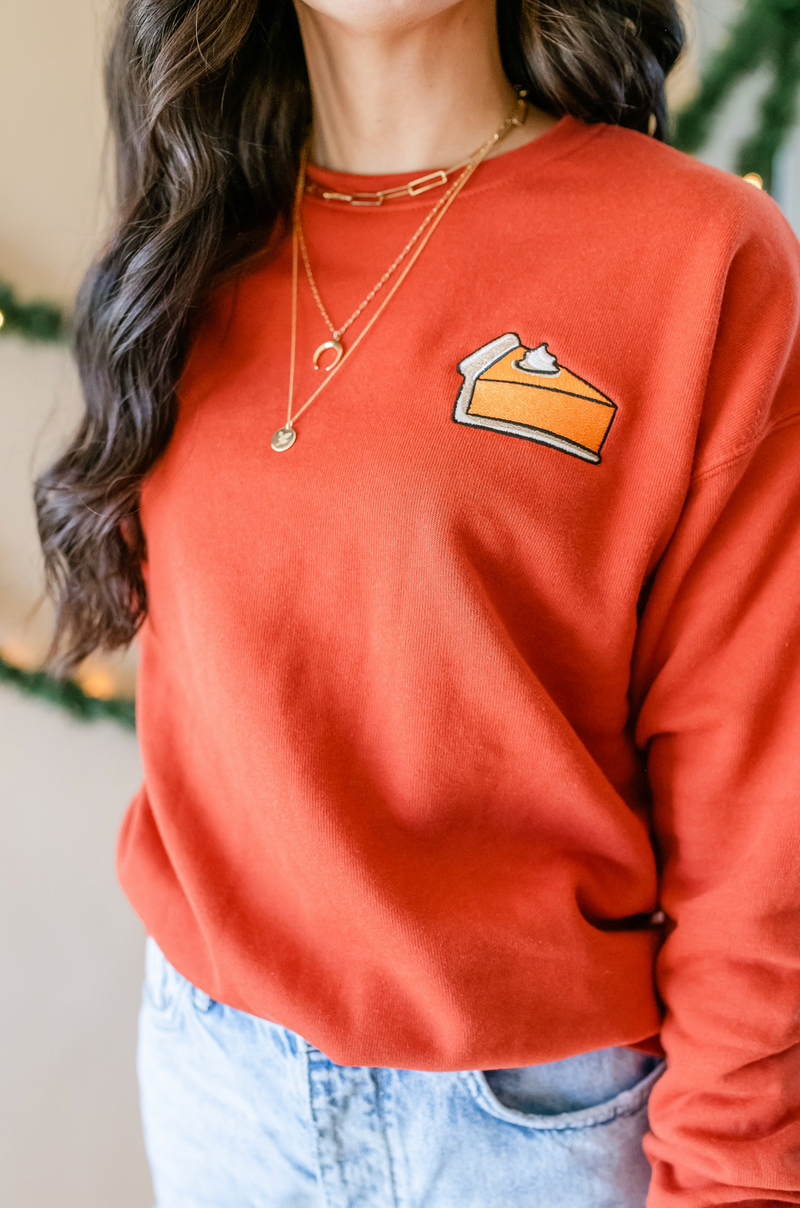 Easy As Pie - Embroidered Soft Fleece Sweatshirt (Rust)