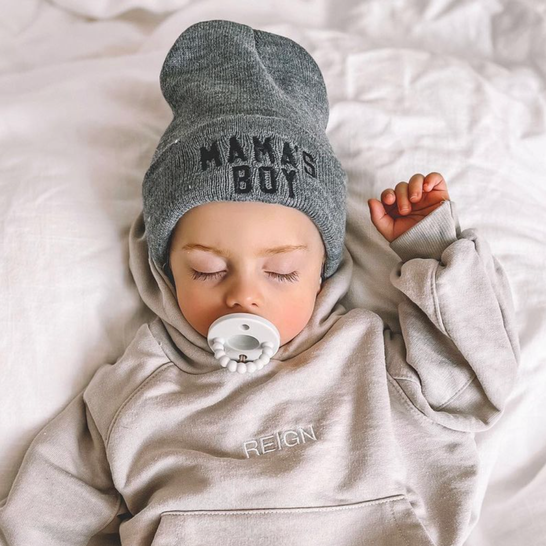 Child Beanie - Mama's Boy - Gray w/ Black Little Mama Shirt Shop LLC