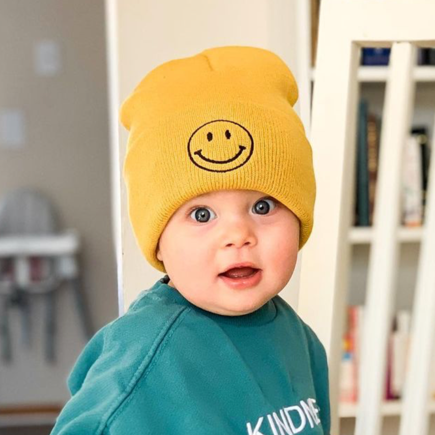 Child Beanie - Smiley Face - Mustard w/ Black Little Mama Shirt Shop LLC