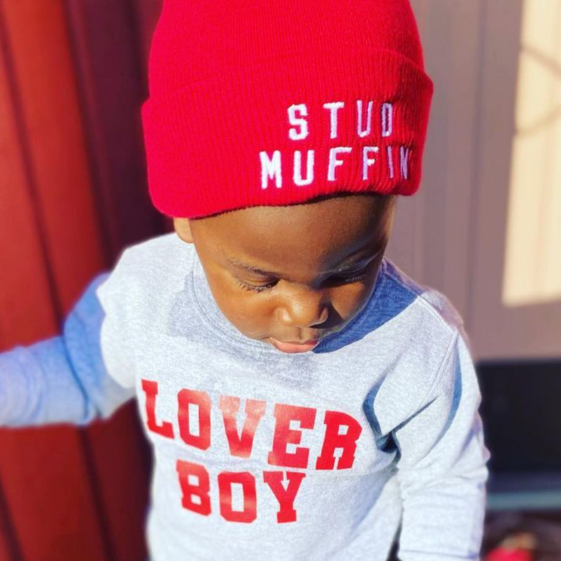 Child Beanie - STUD MUFFIN - Bright Red w/ White