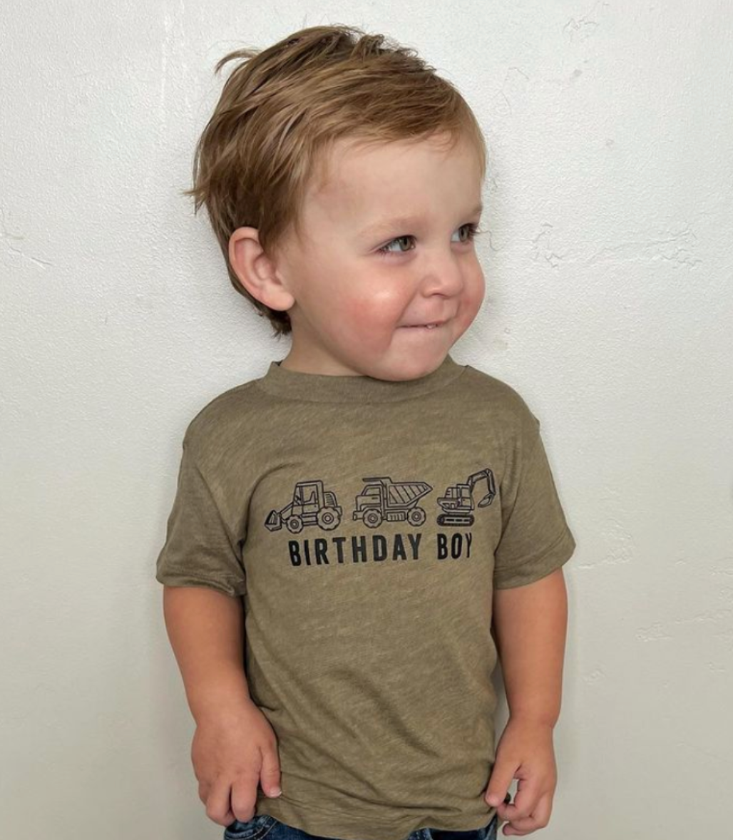 BIRTHDAY BOY CONSTRUCTION TRUCKS - Short Sleeve Child Shirt Little Mama Shirt Shop