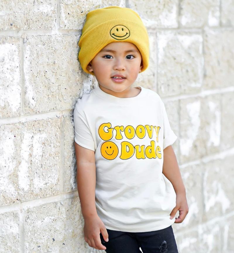 Child Beanie - Smiley Face - Mustard w/ Black