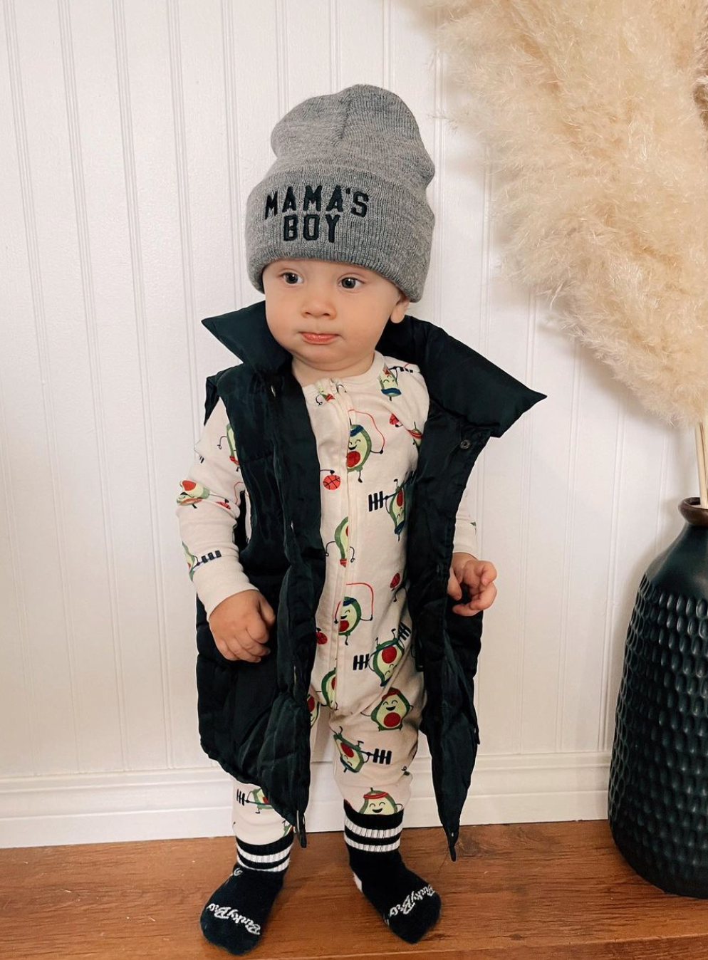 Child Beanie - Mama's Boy - Gray w/ Black Little Mama Shirt Shop LLC