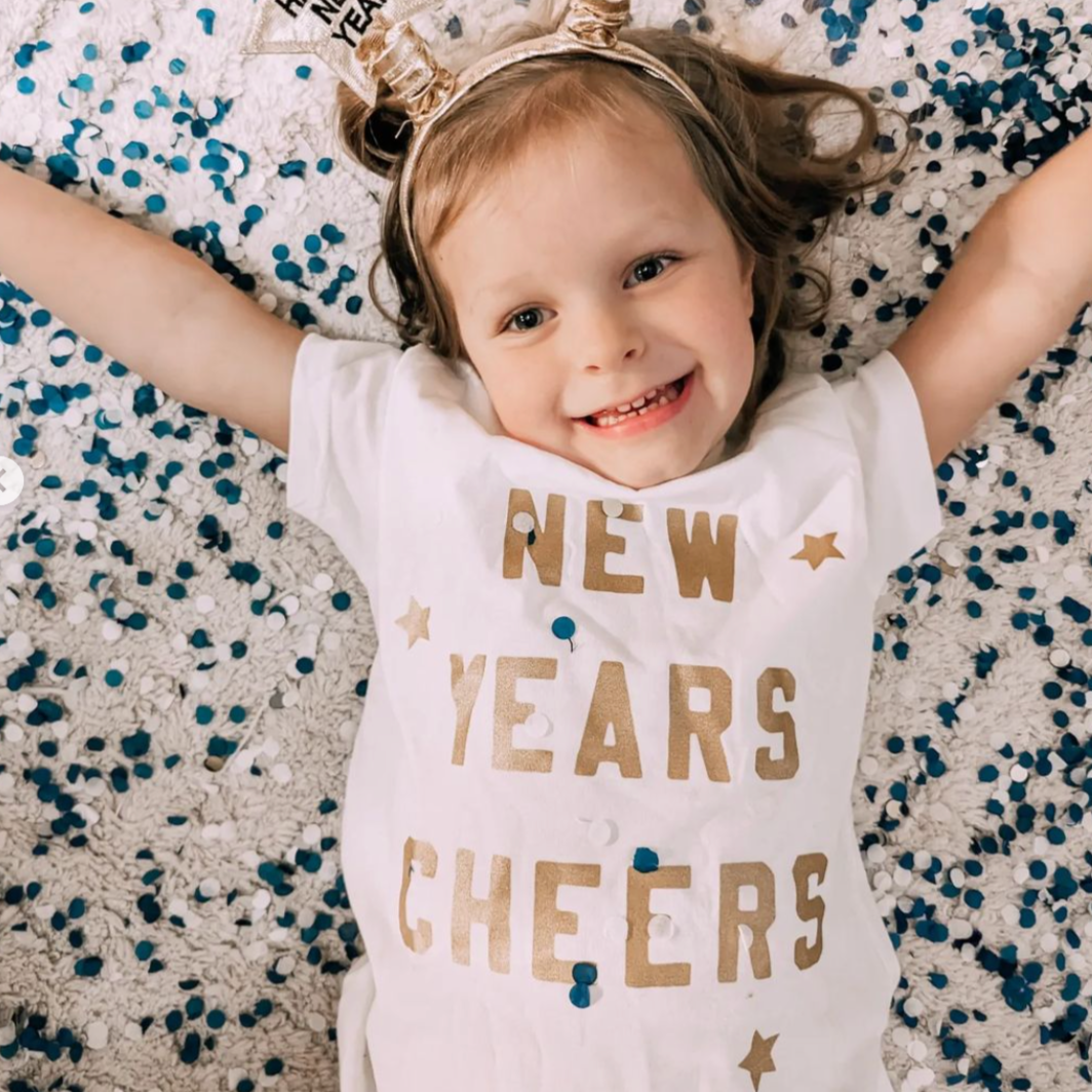 New Years Cheers - Block Font - Child Tee Little Mama Shirt Shop