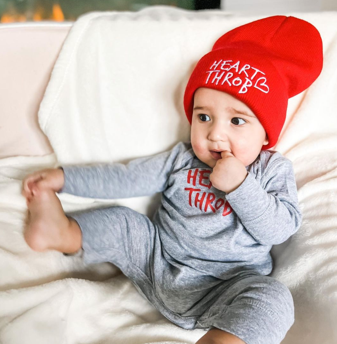 Child Beanie - Heart Throb - Bright Red w/ White Little Mama Shirt Shop LLC