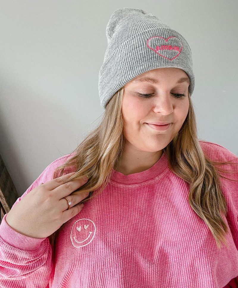 Hot Pink Corded Sweatshirt - Embroidered - Heart Eye Smiley - (white thread)